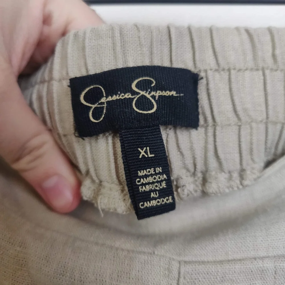 Jessica Simpson Womens Wide Leg Linen Blend Pants XL Beige Cargo Coastal Grandma